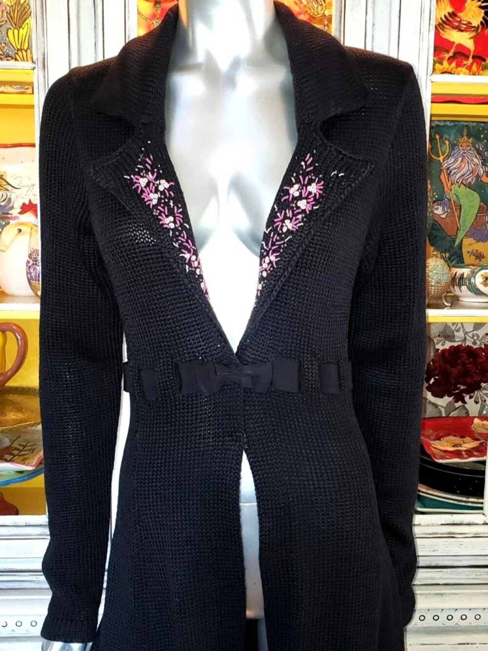 Vintage Betsey Johnson New York Duster Coat Black Sweater Dress Knit Jacket M S - Picture 12 of 14